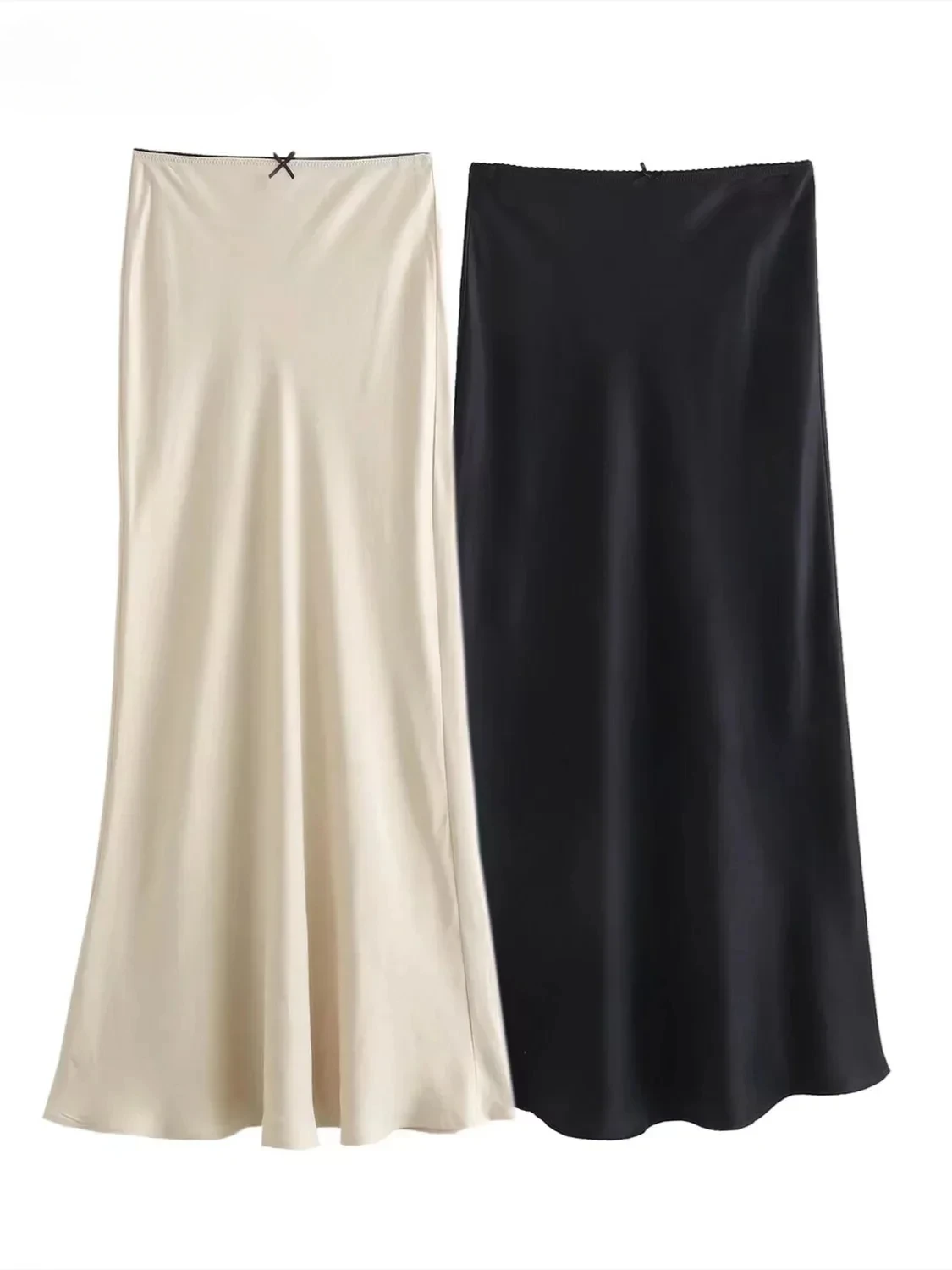 

Women Fashion 2024 Spring New Satin Texture Bow Decoration Vintage Chic Female High Waist H Line Long Skirts Mujer