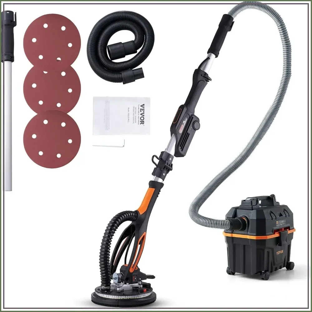 800W Brushless Drywall Sander, Variable Speed 1000-2300 RPM, LED Light, Extendable Handle, 12 Discs