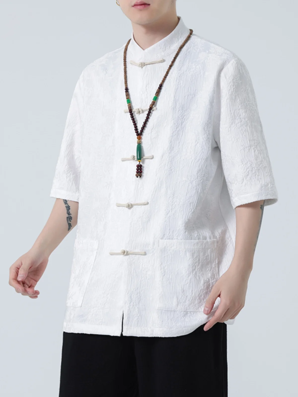 

White Short Sleeve Men's Shirt Premium Floral Embroidery Thin Half Sleeve Summer Fashionable Chinese Style Casual Shirt