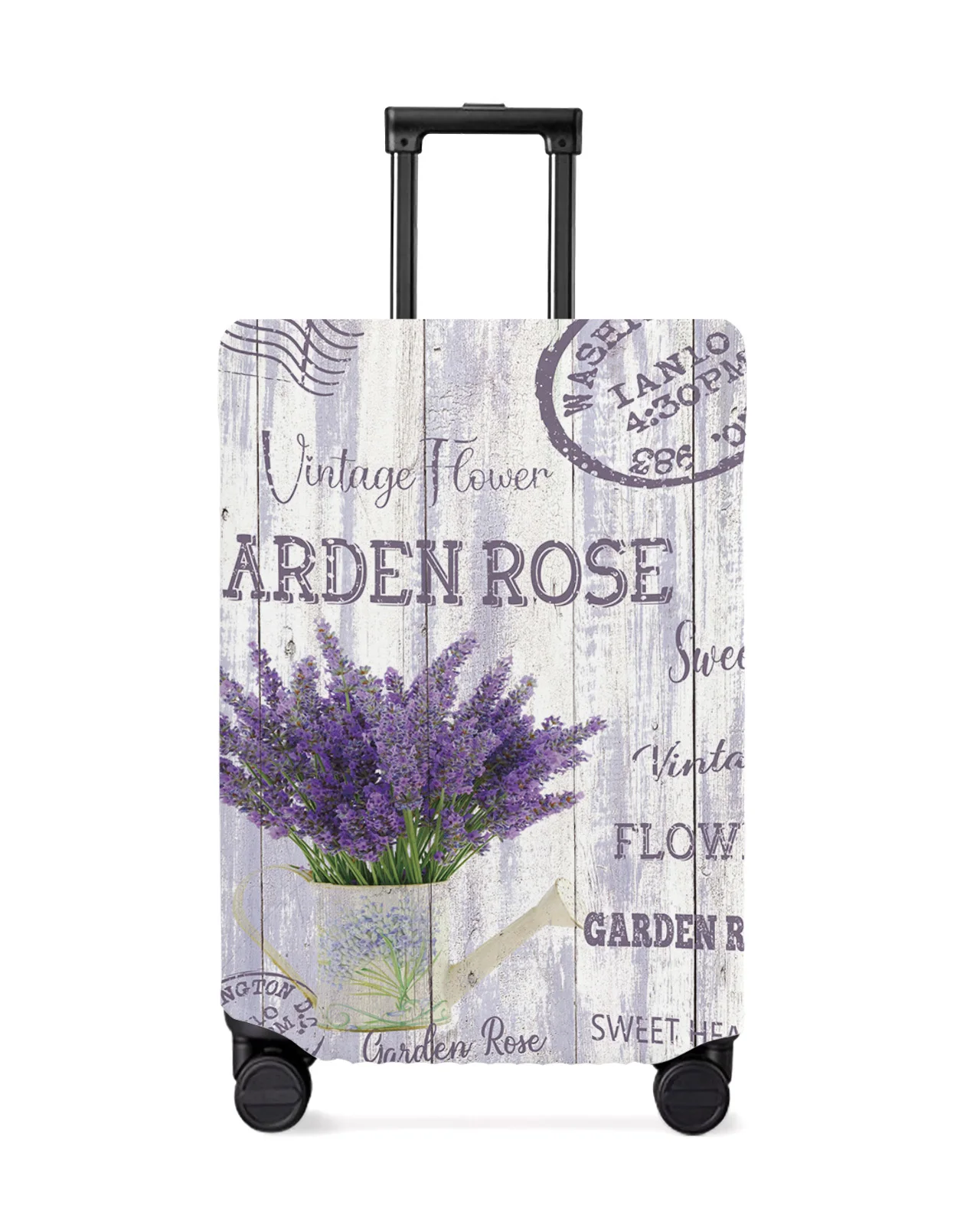 Purple Flowers Lavender Kettle Vintage Postcard Wood Grain Luggage Cover Elastic Baggage Cover Suitcase Case Travel Accessories