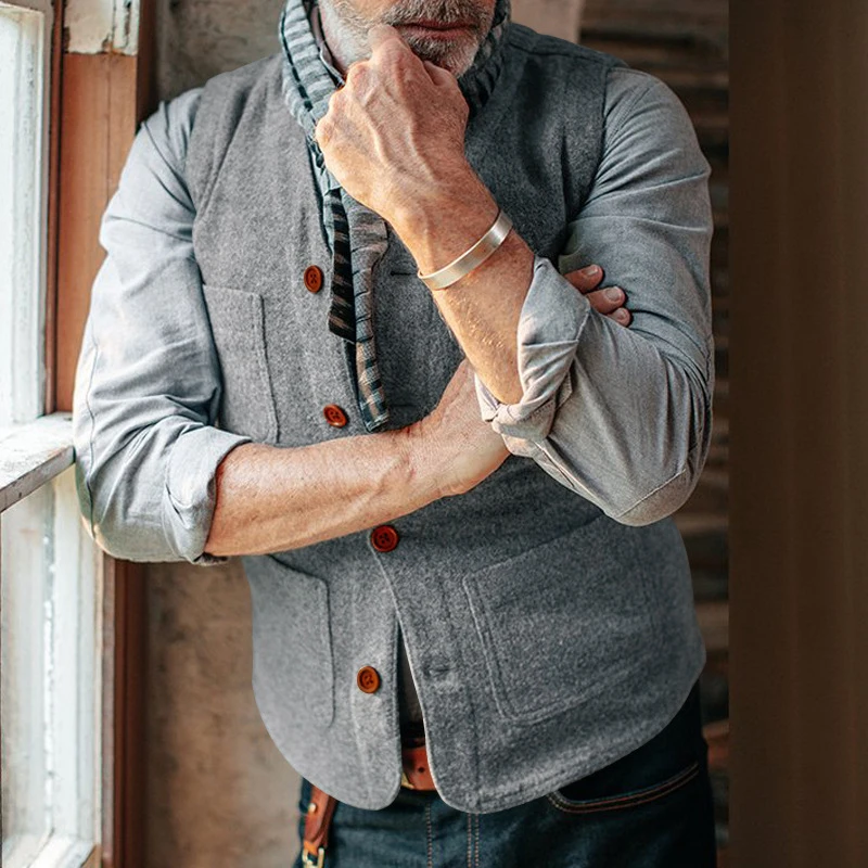 الصدريات خمر رجالي بلا أكمام الخامس الرقبة واحدة الصدر سترة سترة للرجال الربيع موضة بقع جيوب تصميم سترة معطف رجل