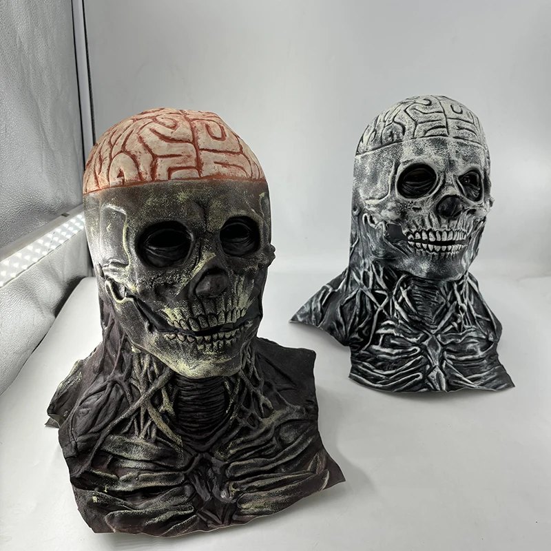 Skull Horror Mask Cosplay Brain Helmet Mask Latex Skeleton Full Face Scary Mask Frightening Mask Hat for Party Masquerade