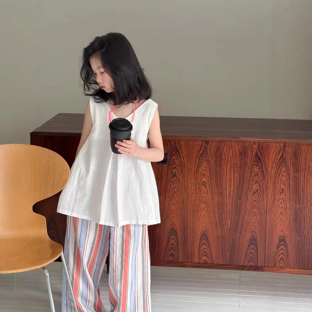 

2025 Summer Baby Girls Summer Clothing Children's Sleeveless Vest and Pants Two Piece Outfits Kids Cotton Clothing Set 2 Pieces