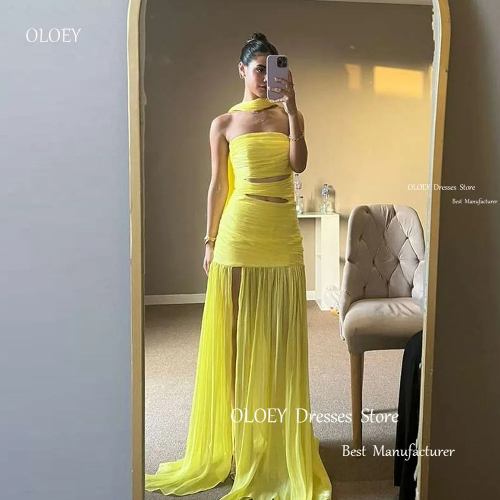 

OLOEY Sexy Strapless Yellow Chiffon Evening Dresses With Scalf Strapless Split Beach Prom Gowns Formal Party Dress Women