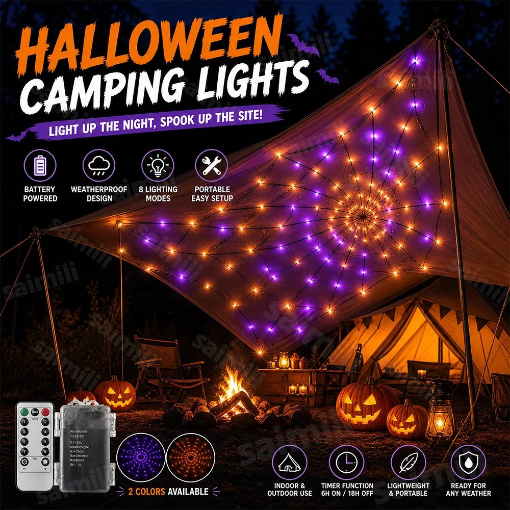 Waterproof Halloween Spider Web LED Decor Lamp 70LED 8 Lighting Modes Remote For Home Yard Wall Halloween Holiday Party Decor
