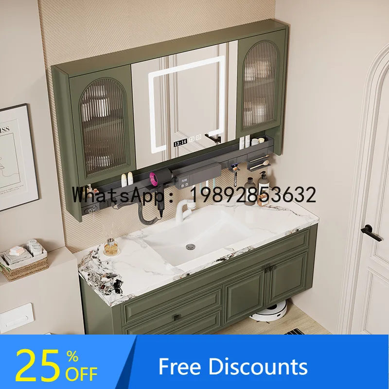 

XL Bathroom Cabinet Set with Seamless Integrated Stone Basin, French Style Solid Wood Washbasin Cabinet