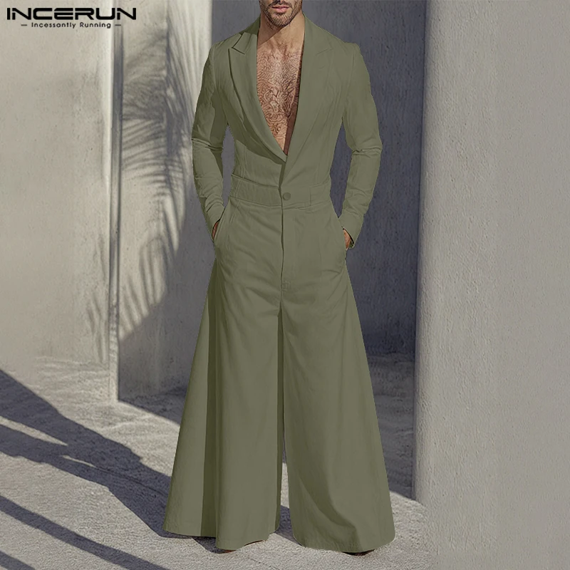 INCERUN Tute da uomo Tinta unita Risvolto Manica lunga Un bottone Pagliaccetti maschili Streetwear Moda allentata Casual Tute eleganti da uomo