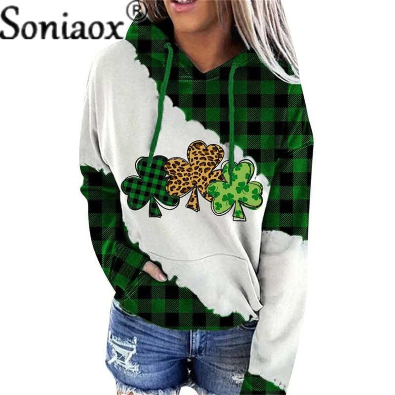 Autumn Green Splicing Hoodie Female Elegant 2022 Winter Warm Trefoil Long Sleeve Sweatshirt Women Cotton Loose Casual Thick Tops
