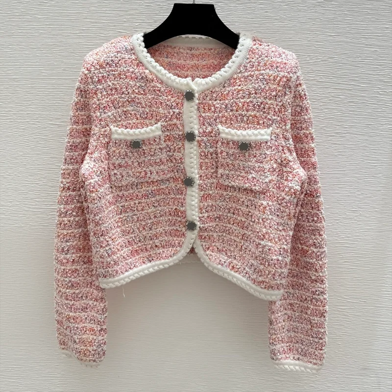 

High-quality women's color-block cardigan in soft pink with single-button symmetrical pockets on the front sweater 25916202