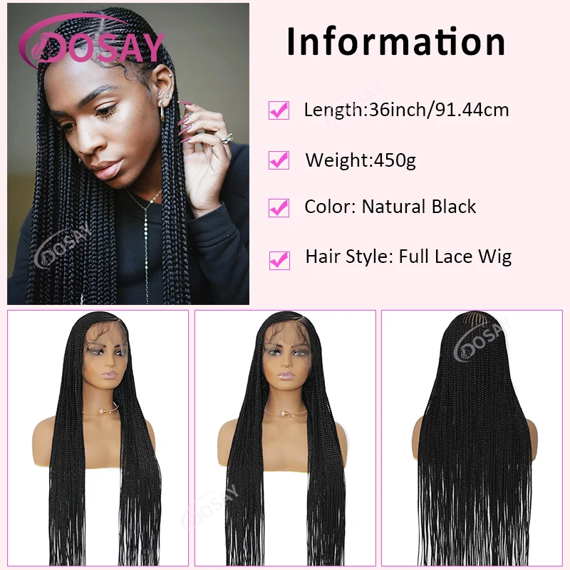 Wig Kepang Cornrows Bagian Samping 36 "Wig Kepang Depan Renda Penuh Tanpa Simpul Sintetis untuk Wanita Kulit Hitam Wig Kepang Kotak Tanpa Lem