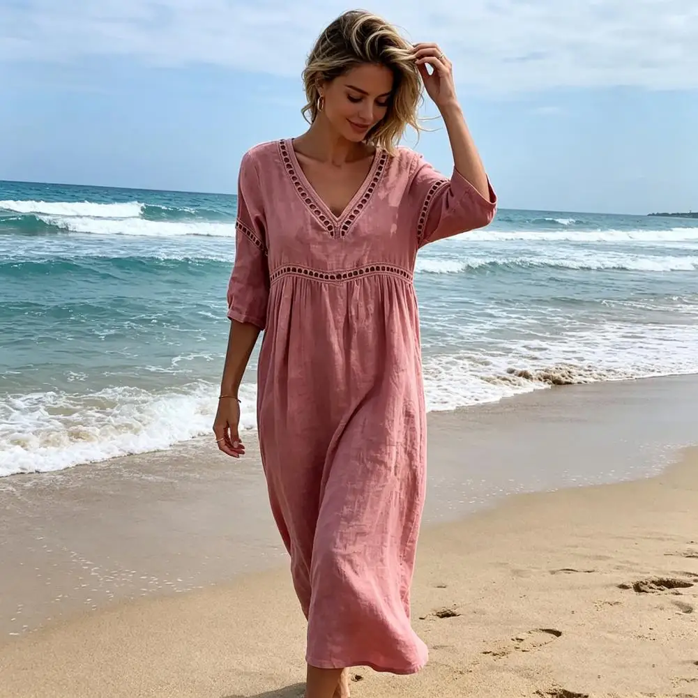 Summer Beachwear Linen Dress for Women, Casual Beach A-Line Flowy Sundress, Short Sleeve V Neck Hollow Eyelets Long Dress