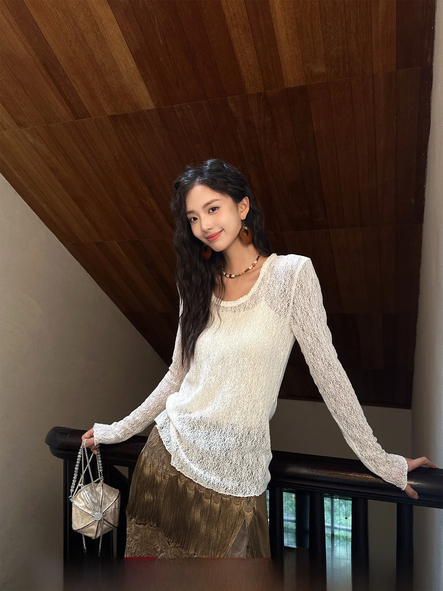 

Sanji Bla Flower Early Autumn Knitted Long Sve Lace Hollow out Base irt Women's Trendy T-irt Casual Sle Polyester ...