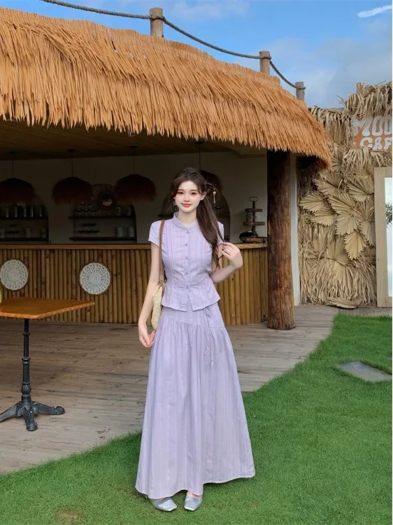 

Slimming High Waist A-Line Long Skirt And Short Sleeve Top Set plus Size Summer Fashion Women's Clothing Breathable Cotton
