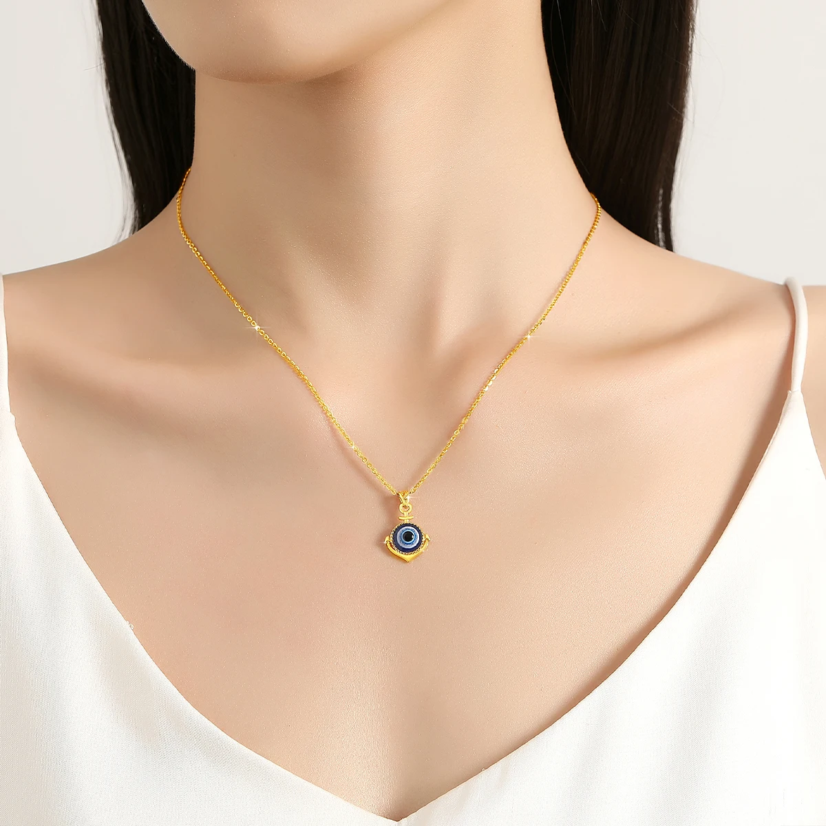 SDOOU Trendy Real 18K Gold Heart Necklace Chain Blue Evil Eye Charms Pendant Perfect Gift for Men Women Daily Wear Party Jewelry