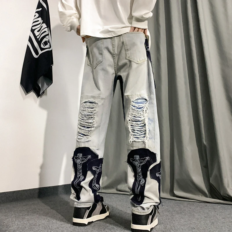 HKSH European American Vibe Torn Jeans Men's Trendy Ins Beggars Personalized Patchwork Denim Pants  Niche Design Straight HK1851