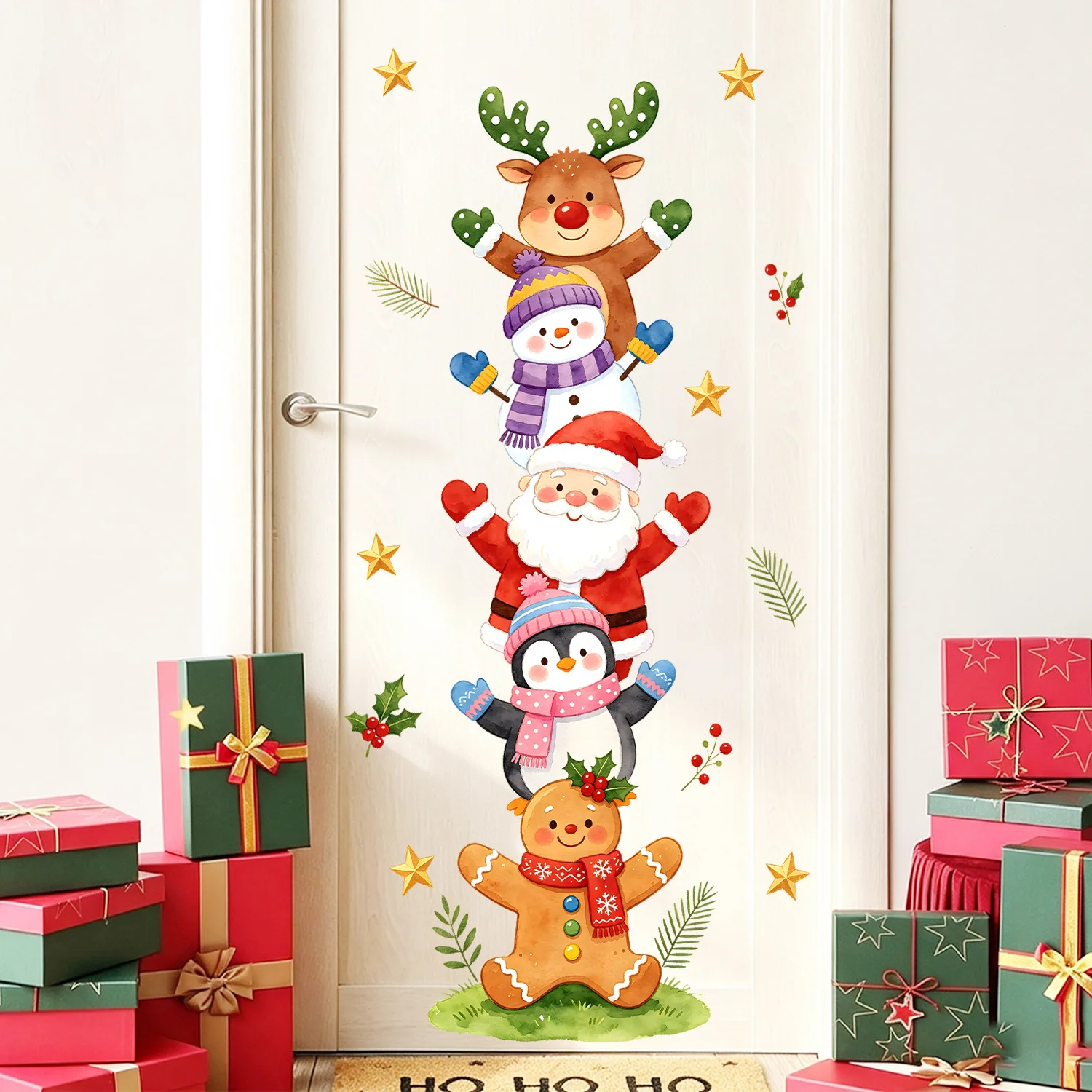 Christmas Character Stack Wall Sticker For Home Kids Rooms Entryways Holiday Party Venues Removable Vinyl Cute Festive Design