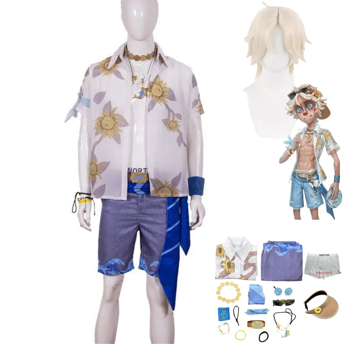 Game Identity Ⅴ Norton Campbell Prospector Cosplay Costume Skin Midsummer Fashion Wig Beach Wind Shirt Shorts Man Party Suit