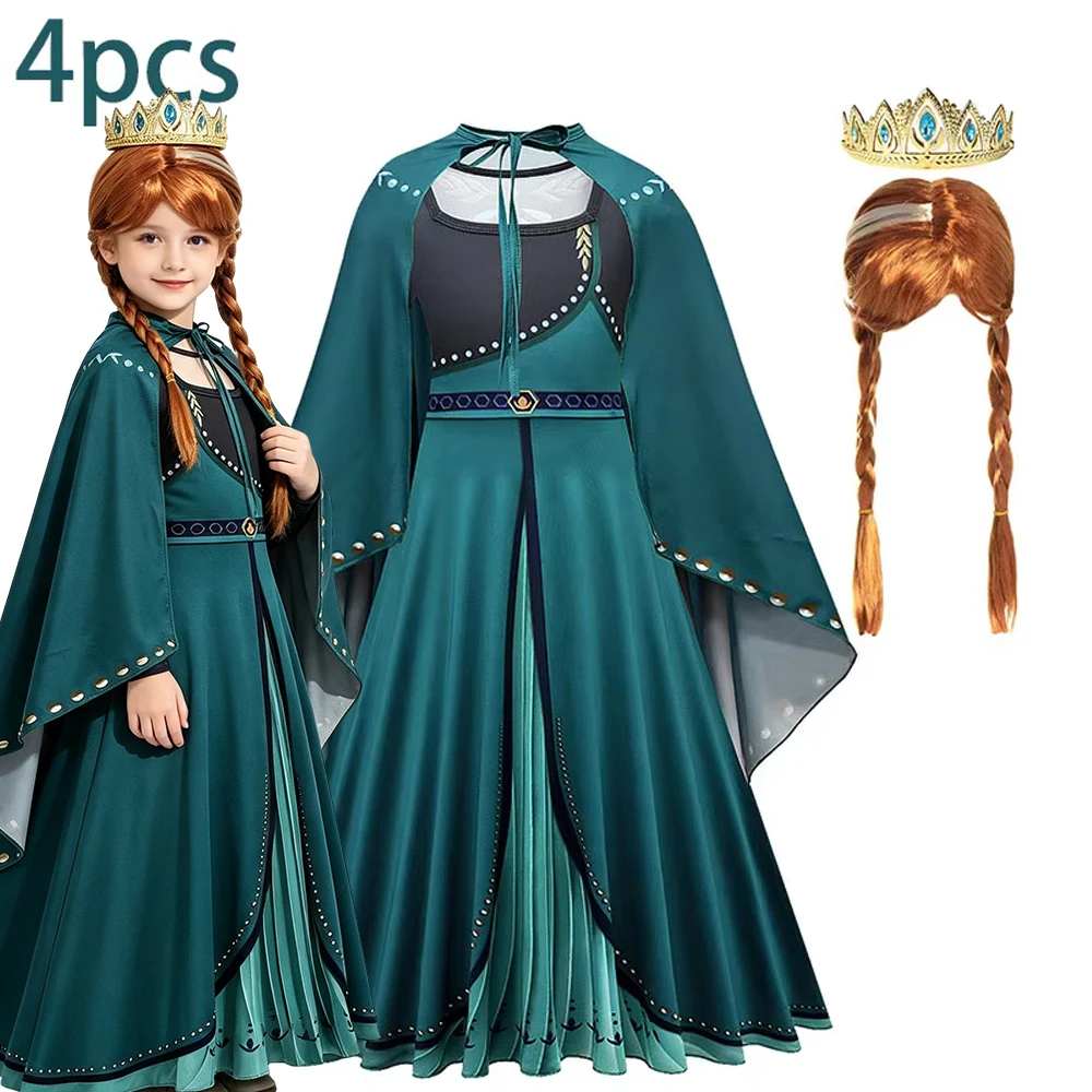 Snow White Elsa Anna Princess Girl Cosplay Costume Dark Green Dress With Cloak Carnival Party Halloween Kids Birthday Clothes