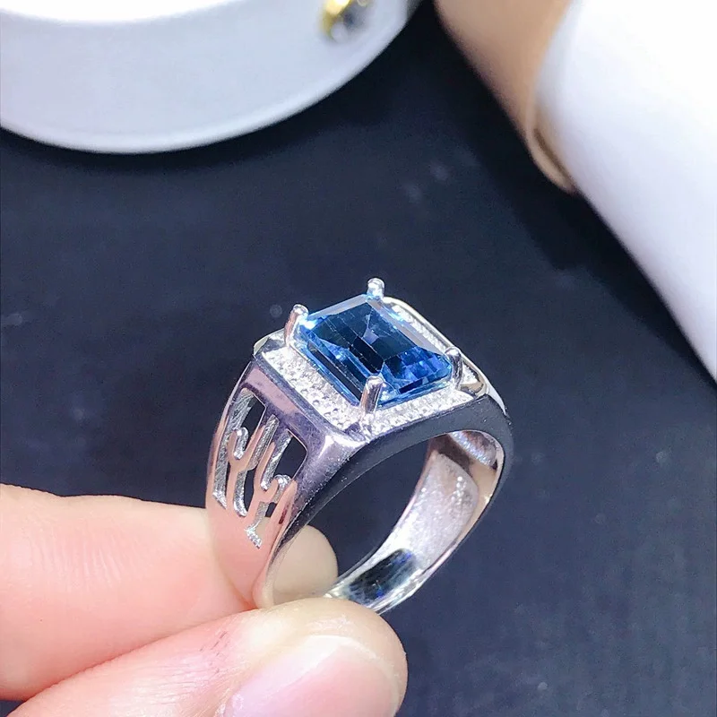 2.5ct VVS Grade Natural Topaz Men Ring 7mm*9mm Emerald Cut Light Blue Topaz 925 Silver Ring with 3 Layers 18K Gold Plating