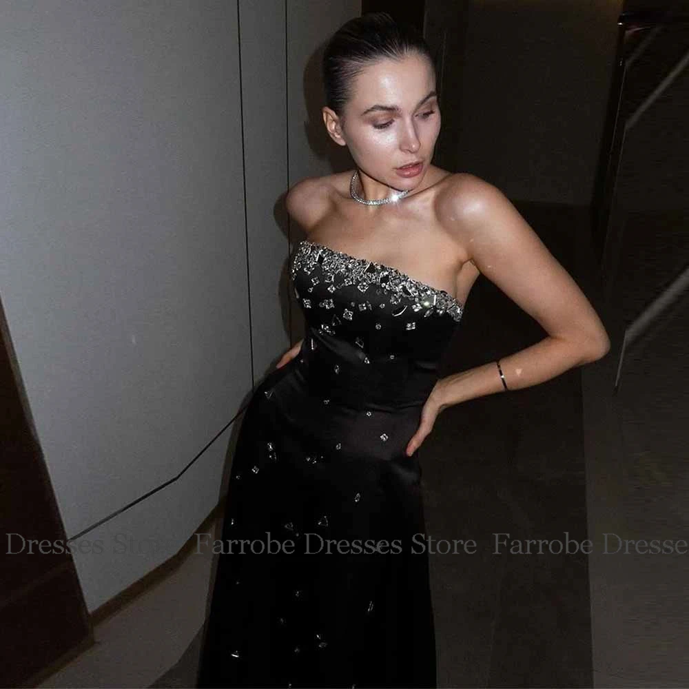Luxury Birthday Party Dresses Satin A-line Celebrity Dress Black Strapless Rhinestones/Crystals  Side Split Prom Dresses Midi