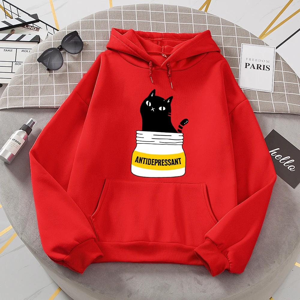 Black Cat Eat Antidepressant Women Hoodies Casual Fashion Hoodie Warm Fleece O-Neck Comfortable Hoody Loose Street Sweatshirt