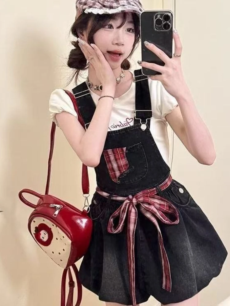 

Korobov Korean Summer Sleeveless Slim Thin Drawstring Ball Gown Demin Skirts