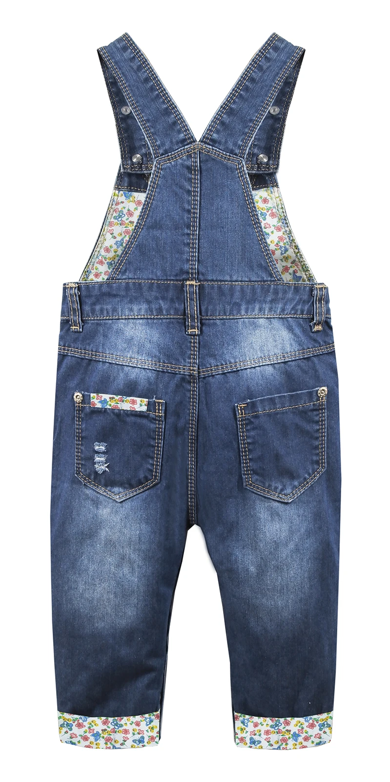 Kidscool Space Baby Girls Fake Bib Pockets Butterfly Embroidered Ripped Printed Lining Denim Overalls