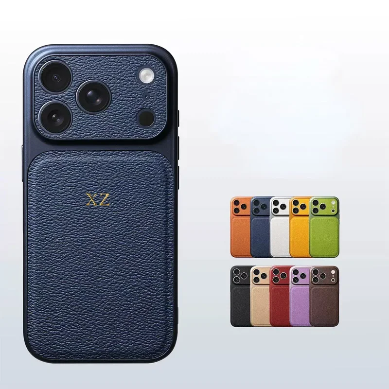 Funda de cuero personalizable con iniciales doradas o plateadas para iPhone 15 14 13 17 Pro Max 14 16 Plus 17 Air, protección de lente de lujo