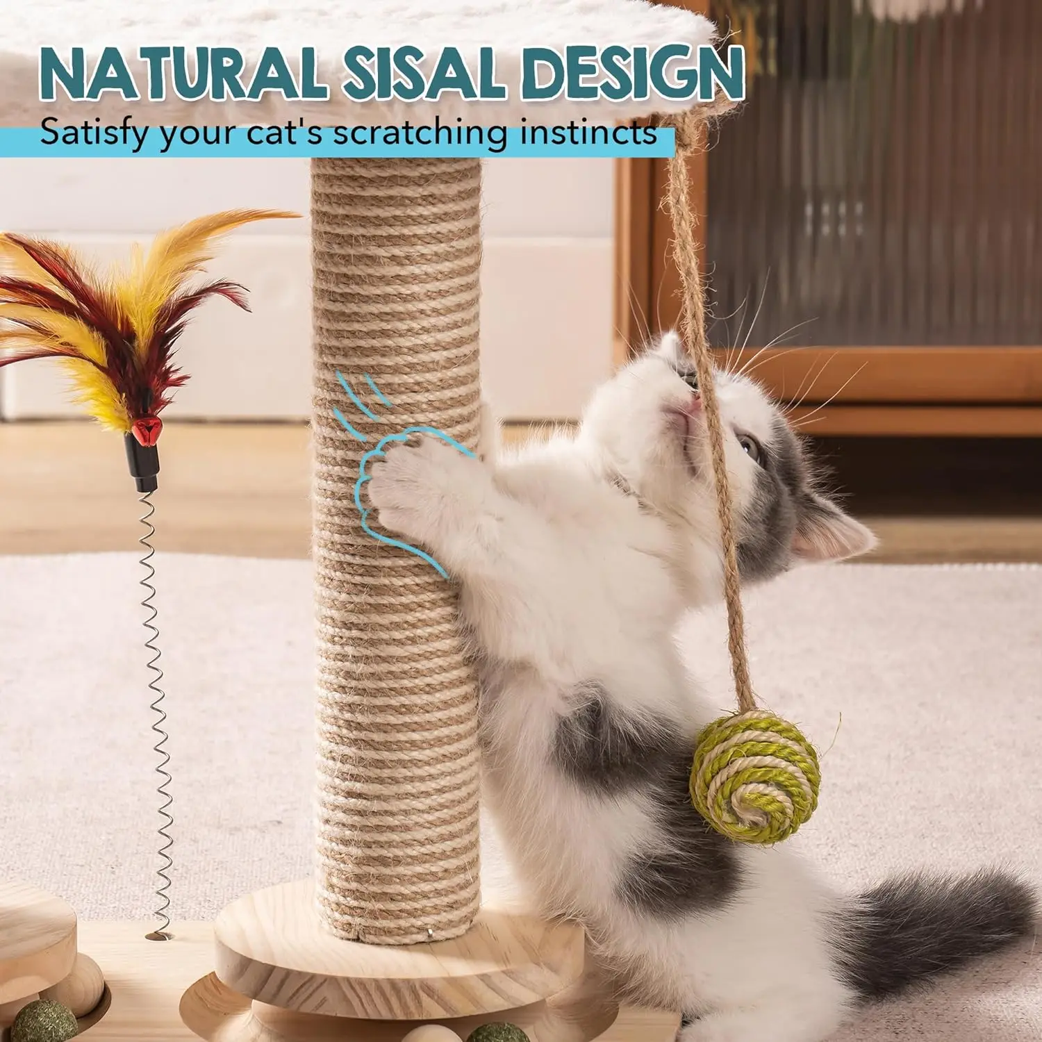 Mewoofun Cat Scratching Post for Indoor Soft Rabbit Fleece Perch for Rest Natural Sisal Scratcher Interactive Kitten Toy Balls