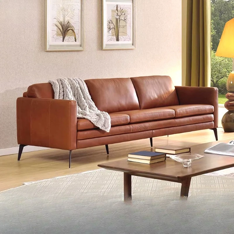 

Italian minimalist leather sofa first layer Napa leather retro living room office leather sofa designer furniture
