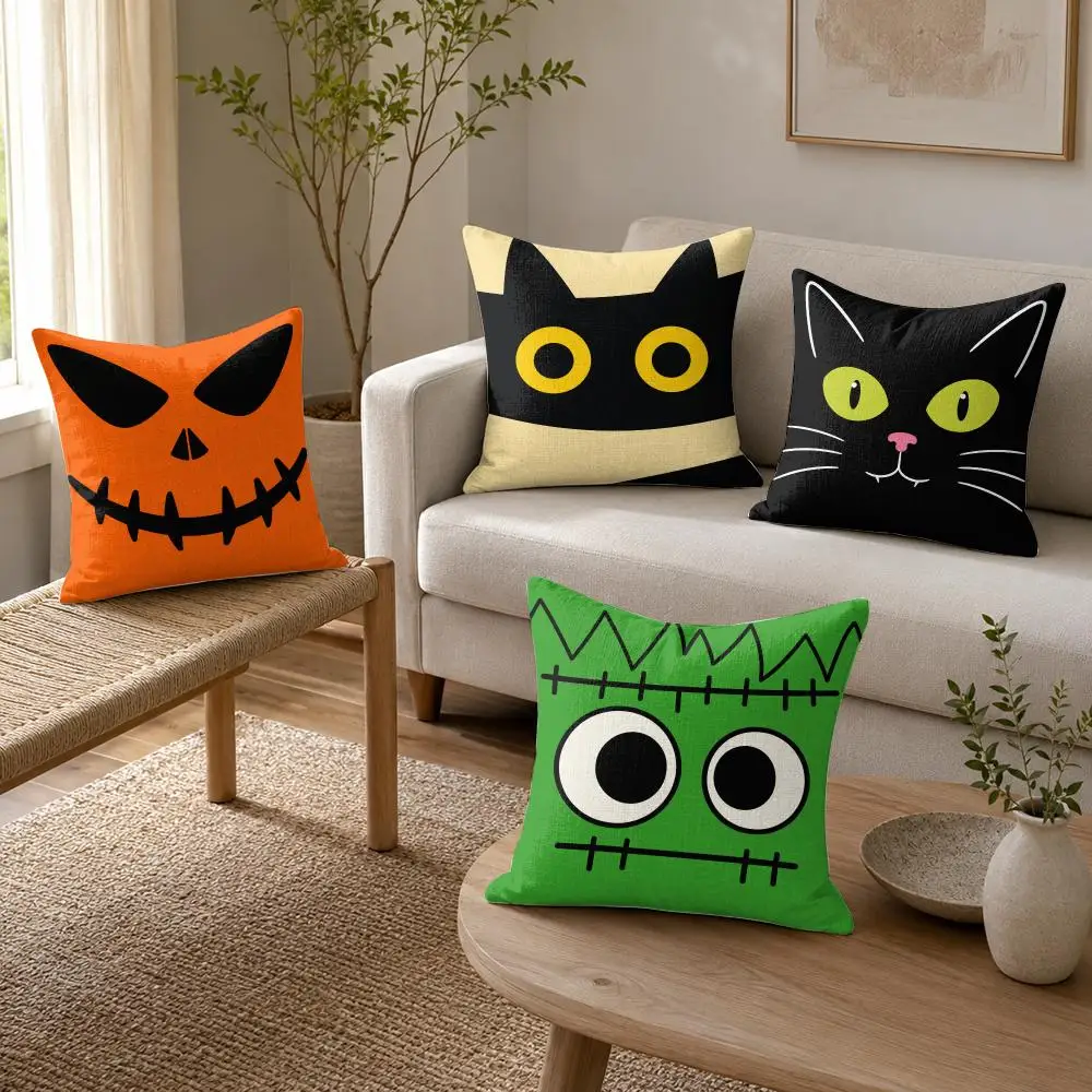 Cute Halloween Ghost Cushion Cover Organic Linen Throw Pillow Cover - Double-Sided Print Breathable Cushion Case Home Decor