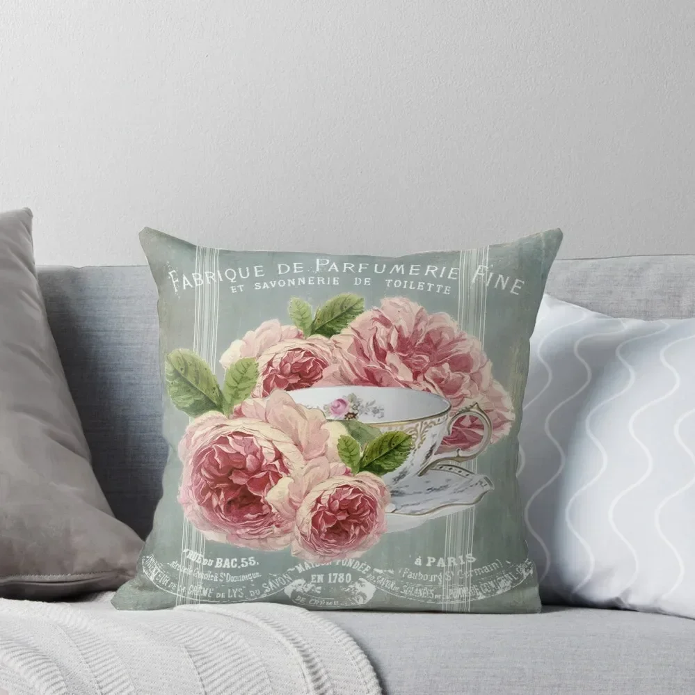 Antique French Tea, Shabby chic Teacup with Roses, French Typography Throw Pillow Decorative Sofa Cushions Couch Cushions pillow