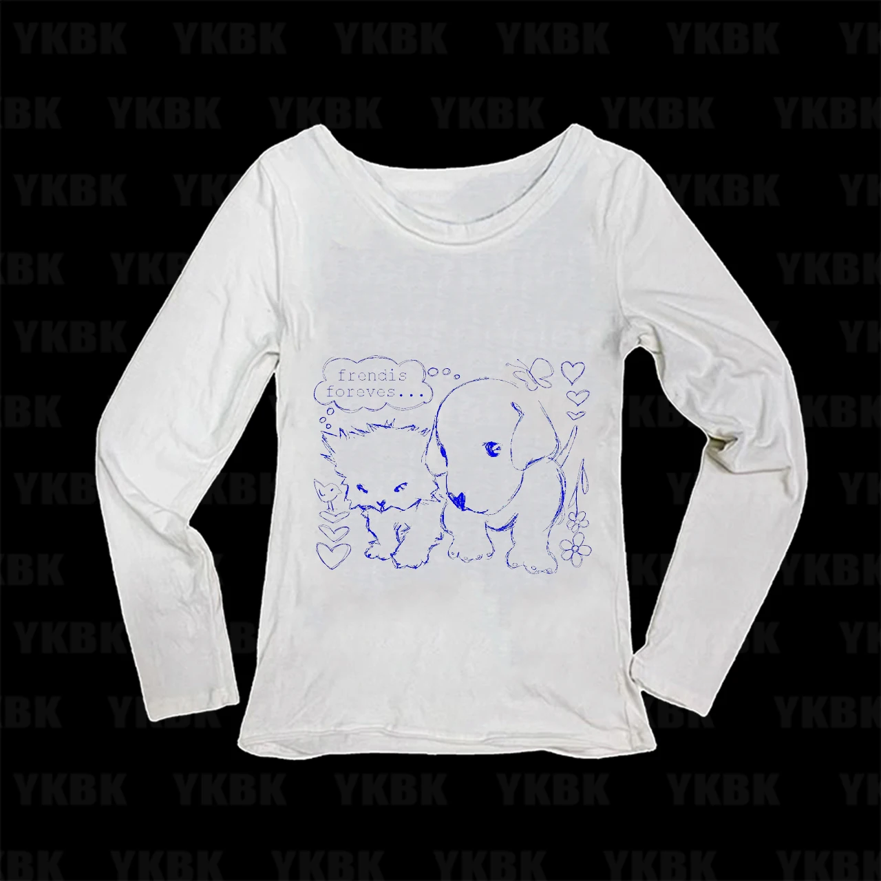 Cute Kitten Puppy Sketch Long Sleeve Shirt Friends Forever Animal Print Casual Women Crew Neck Blouse