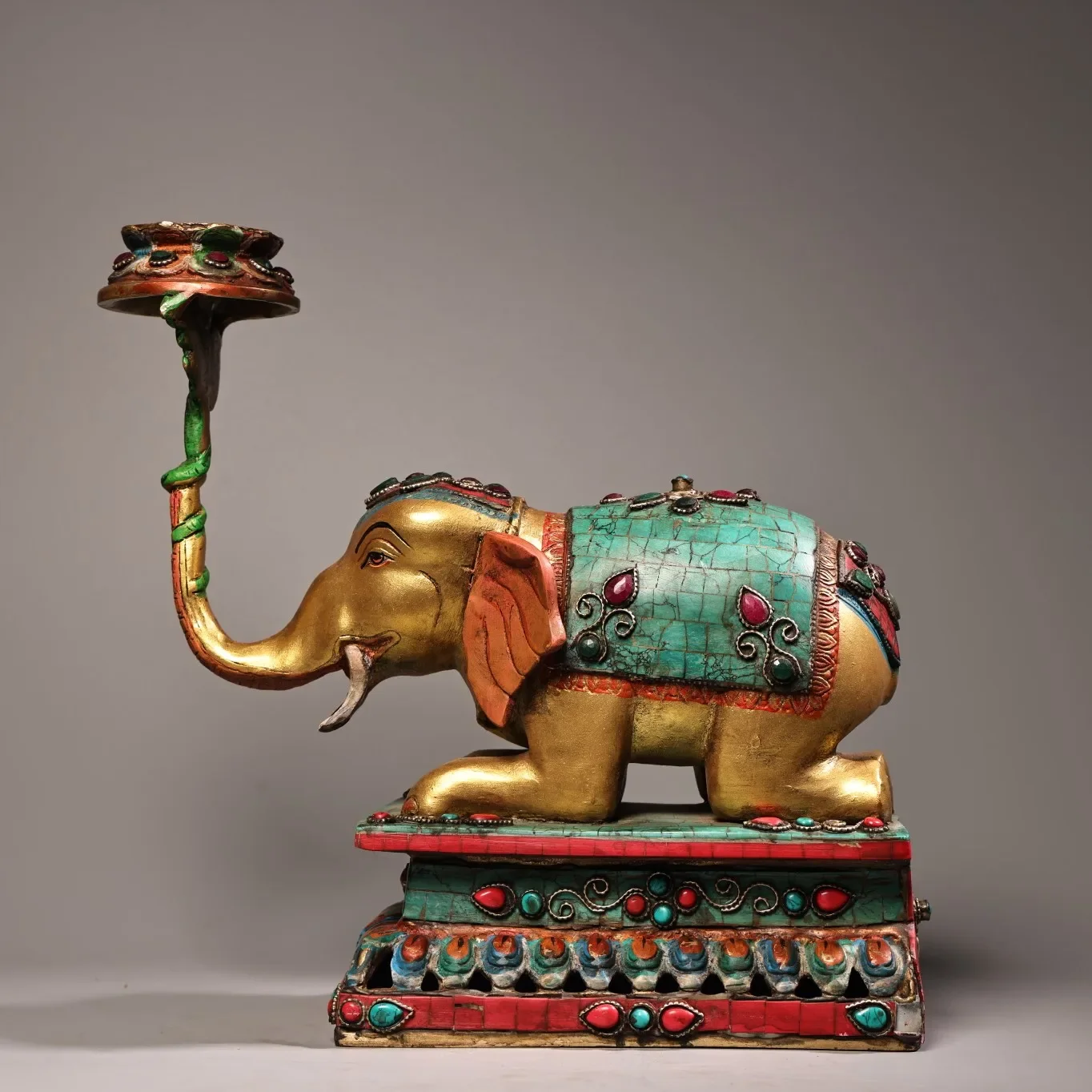 

10"Tibetan Temple Collection Old Bronze Outline in gold Mosaic Gem Turquoise Elephant Statue Lotus Oil lamp Candlestick