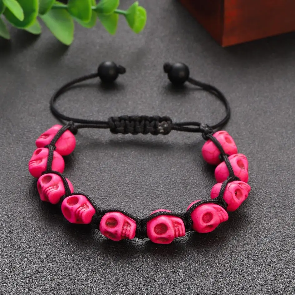 Pink Skull Bracelets for Men Women Natural Stone Skull Carving Bracelets Adjustable Handmade Male Gothic Jewelry 2024