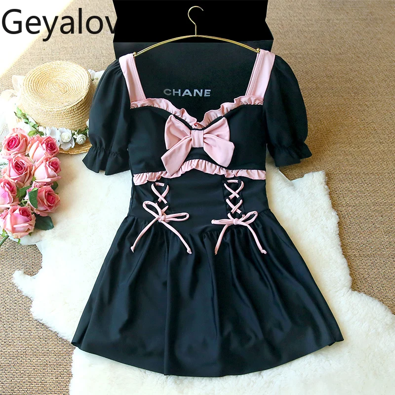 

Sweet Girl Swimsuit Women's One-piece Suits Japanese Student Junior High School Girl Conservative Cute Bow Bathing Suit