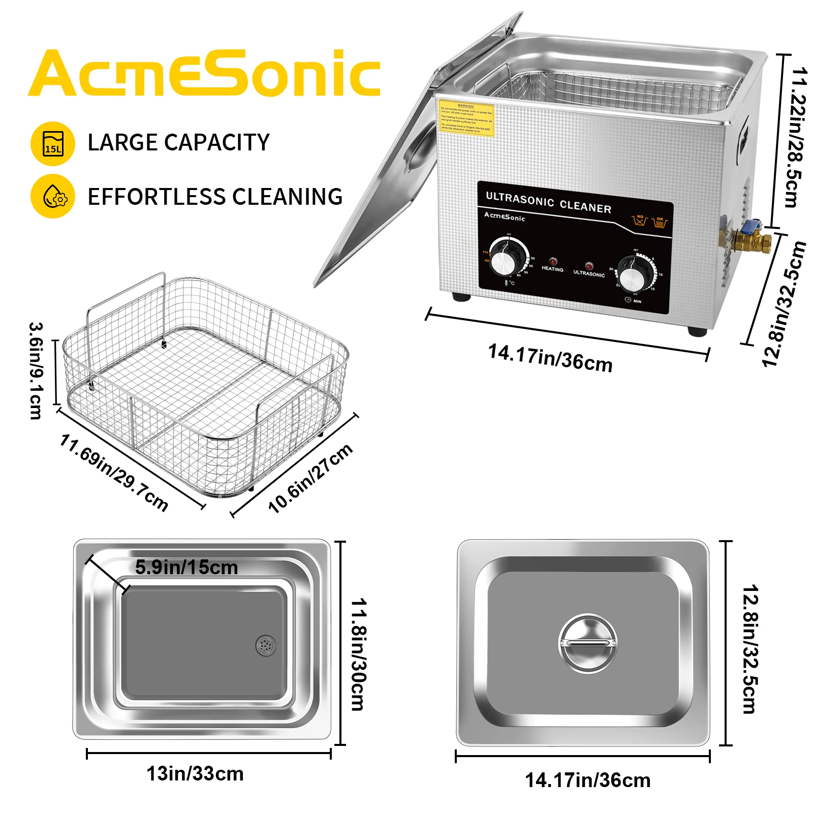 ACMESONIC 15L 360W 450W Лабораторный ультразвуковой очиститель с подогревом и таймером для виниловых компакт-дисков, стеклянных ювелирных изделий