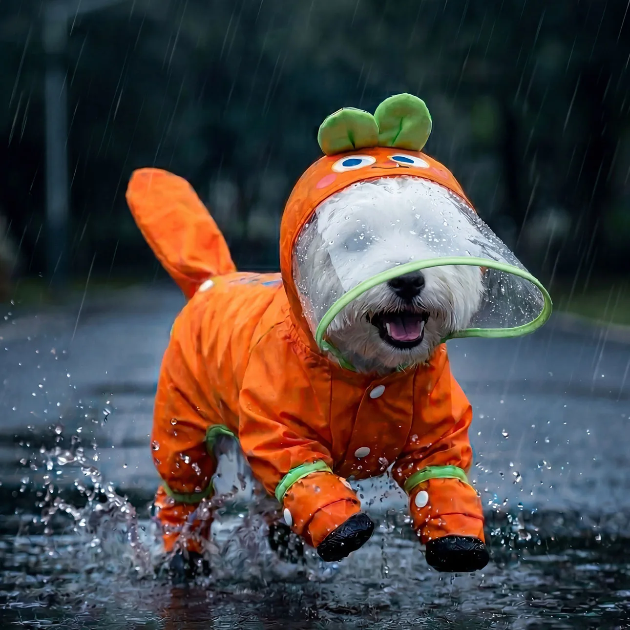 

Outdoor Dog Raincoat Carrot Shaped Four Leg Full Coverage Waterproof Dog Jumpsuit Detachable Shoes Leash D Ring 360 Reflective