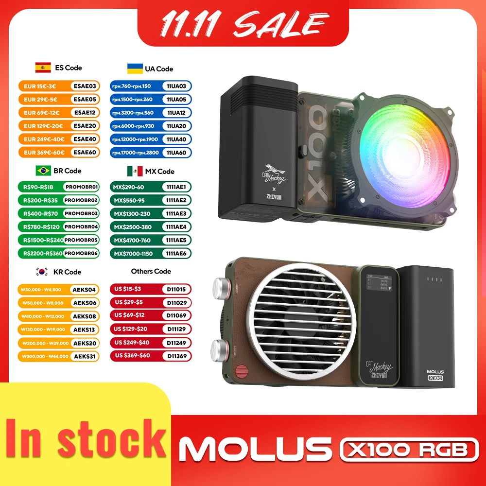 

ZHIYUN Official Molus X100 RGB LED Light APP Control 2550mAh Battery Portable Photography Lighting for Studio Vlog Live Stream