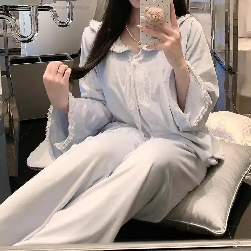 

Осень-зима, велюровая одежда для сна, бархатный женский пижамный комплект из 2 предметов, милая кружевная домашняя одежда, одежда для дома, брючные костюмы, пижамы Pour Femme