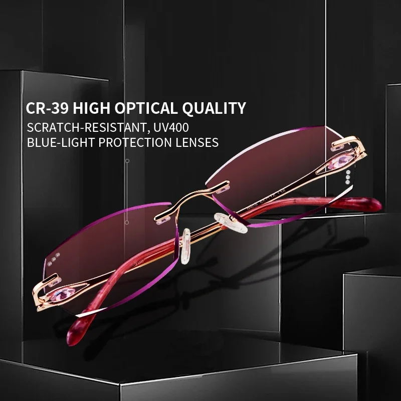 Rimless Anti Blue Ray Anti-fatigue Reading glasses for Women, Tinted Presbyopia Eyeglasses,Anti Glare Readers Magnifying Glass