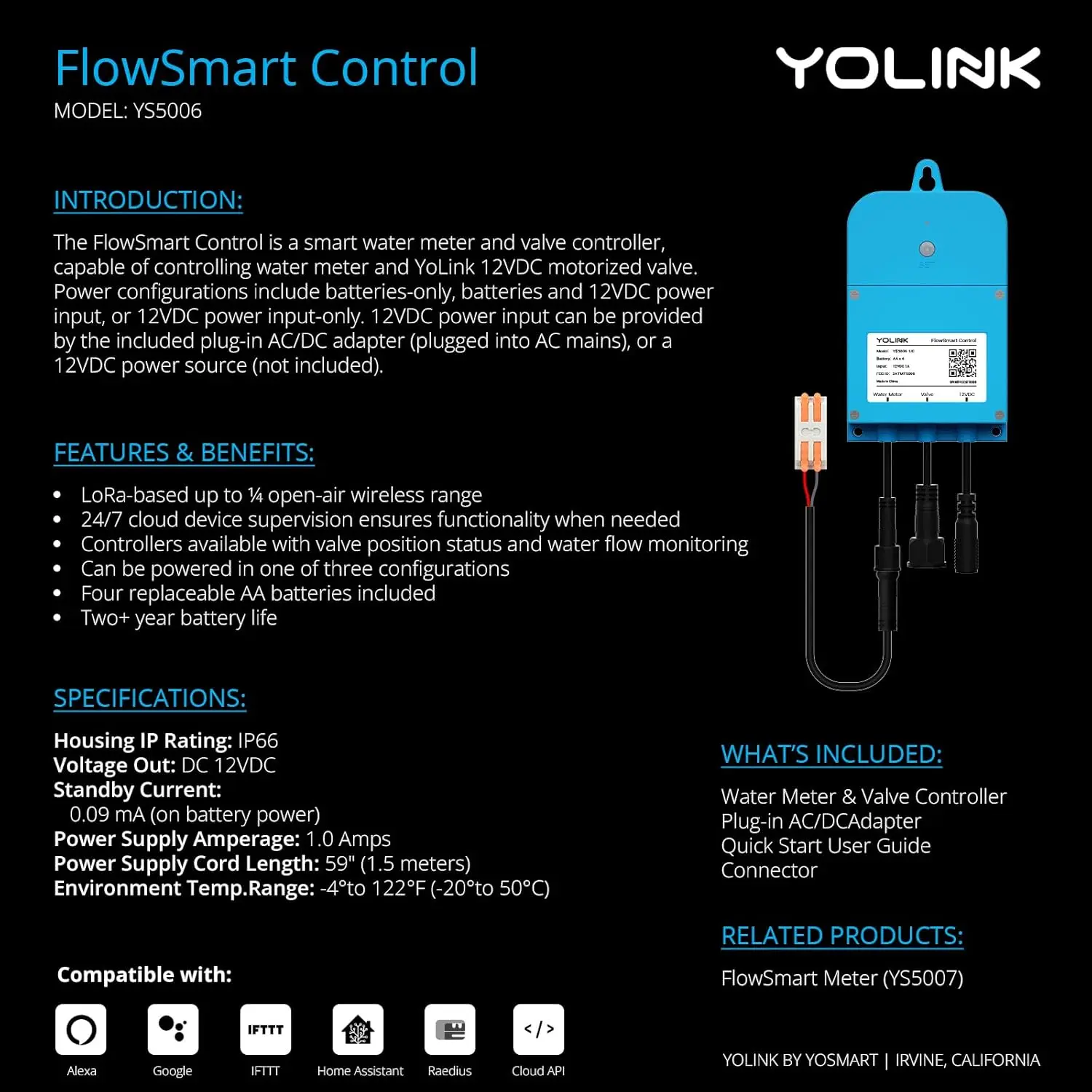 YoLink FlowSmart Control، مراقبة استخدام المياه وكاشف التسرب: عداد المياه المنزلي الذكي المتقدم وصمام الإغلاق الآلي، 0.75
