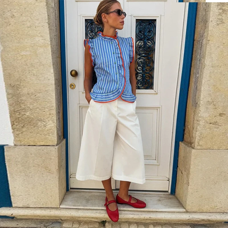 Gestreifte Bluse mit Rüschen und Paneelen für Damen, Streetwear, Rollkragen, ärmellos, einreihig, schmales Hemd, schickes Party-Oberteil für Damen, neu – Detail 8