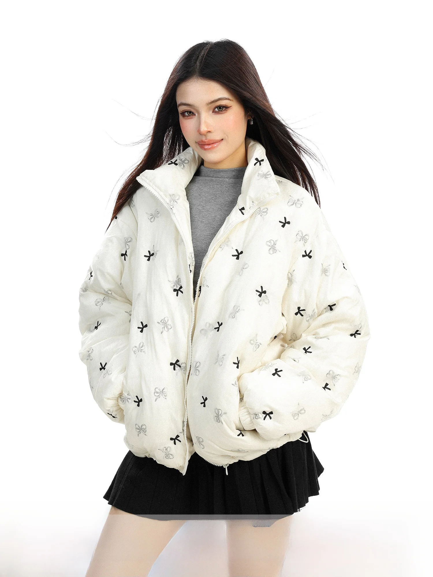 

Утепленное женское зимнее пальто с вышивкой и воротником-стойкой, с принтом в виде узлов, из хлопка, в корейском стиле, свободного кроя