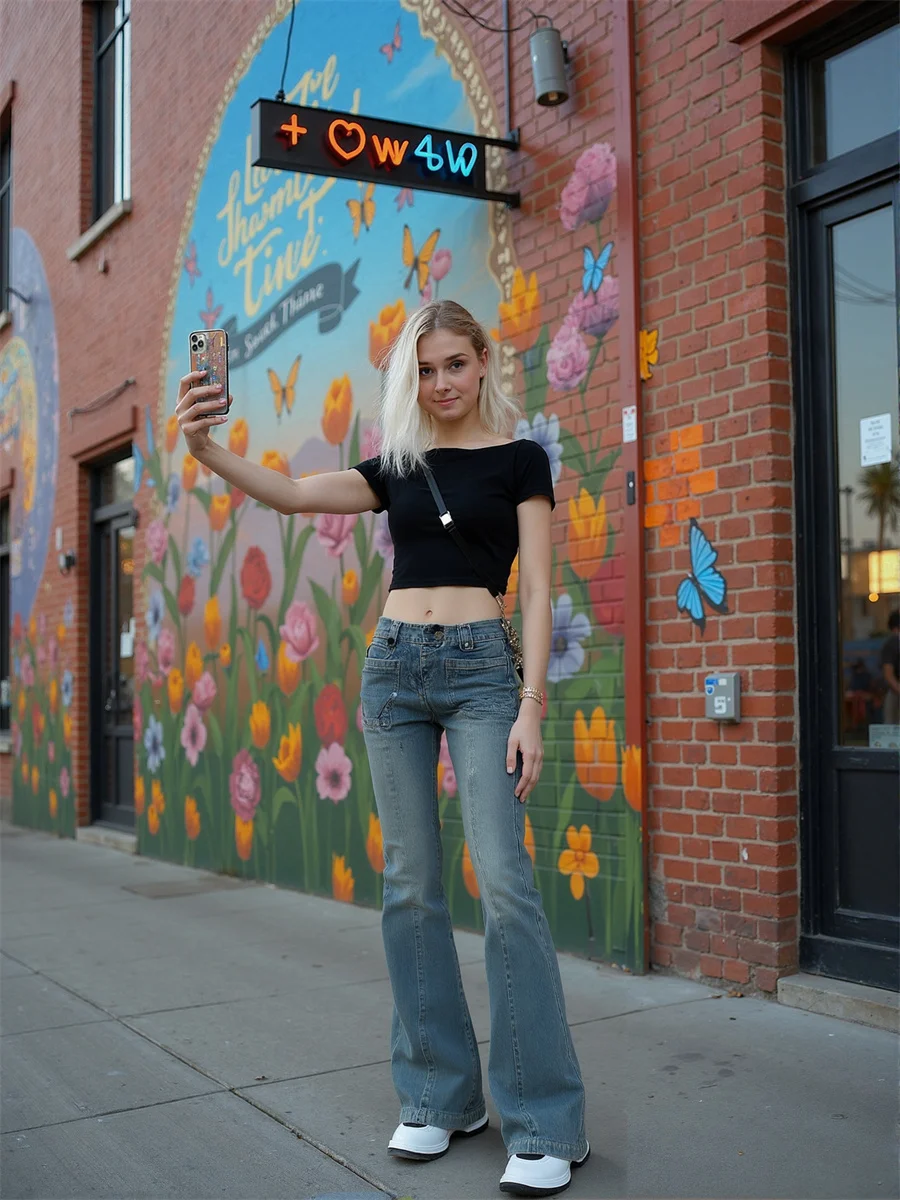 

Flare Slim Skinny Floor Jeans Womens Pleated Patchwork Flared Leg High Waist Baggy Vintage Embroidered Slim Fit Pocket Chic