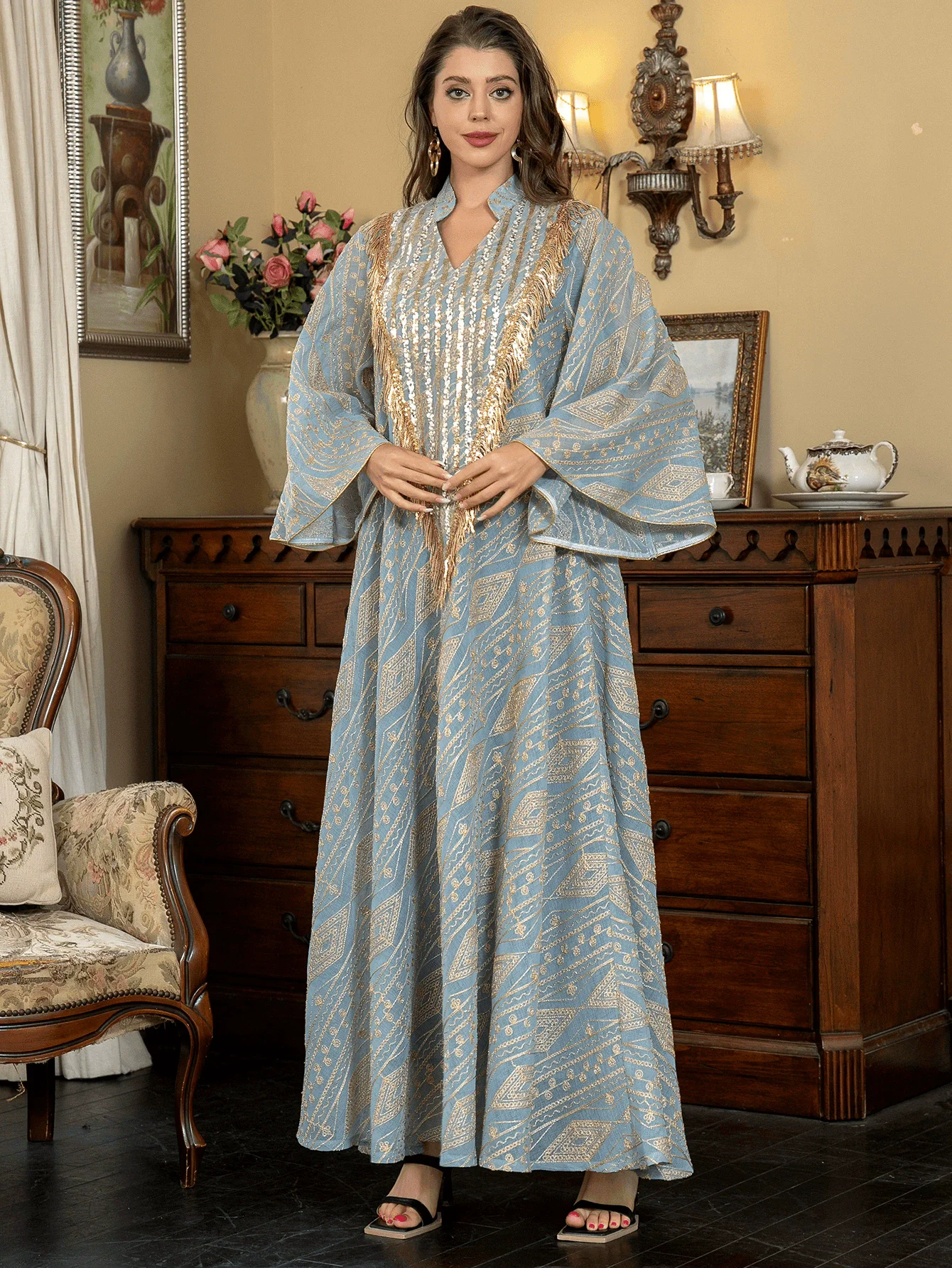 Middle Eastern Muslim Luxury Fashion Evening Dress Saudi Arabia Dubai Ramadan Dress Robe Mesh Embroidered Glitter Elegant