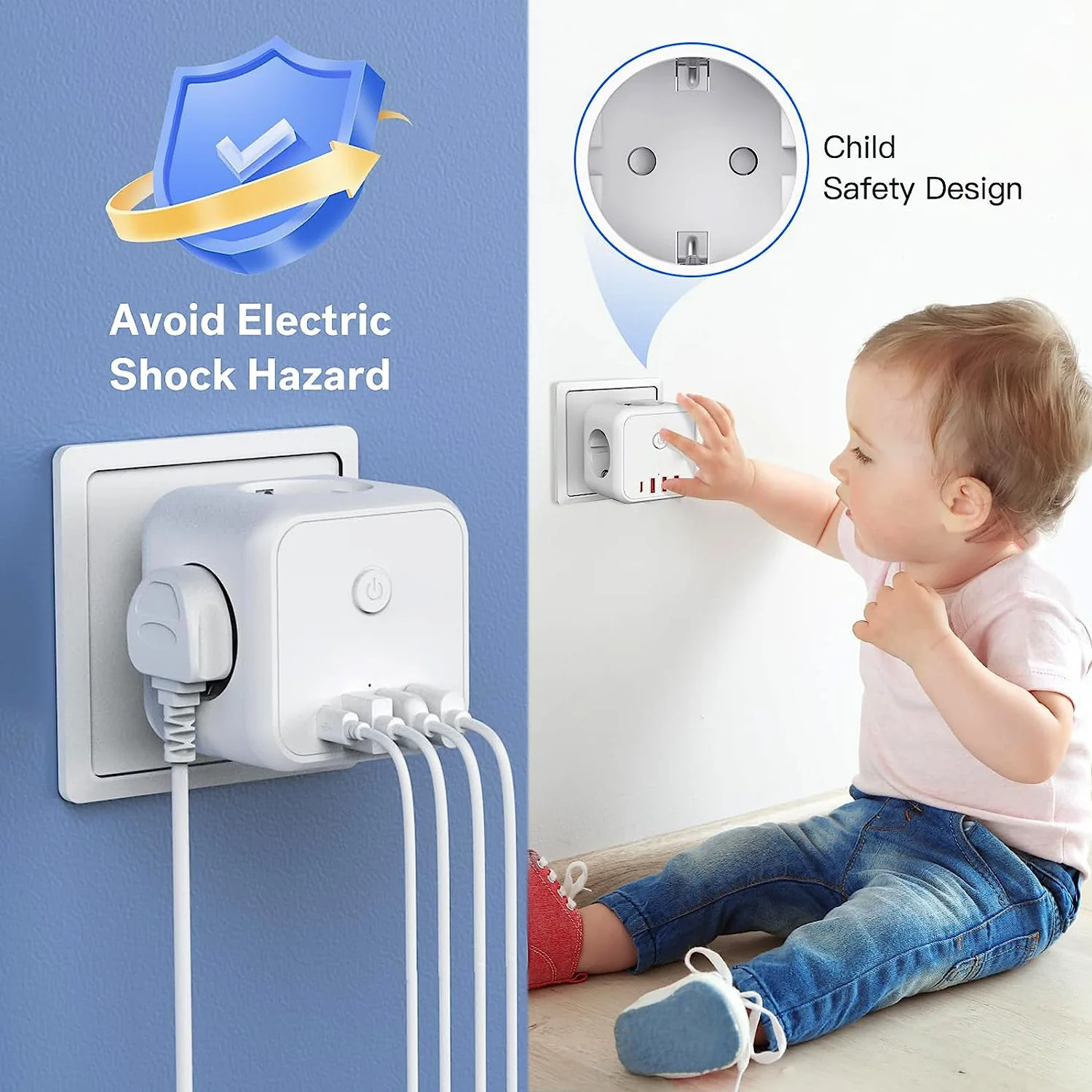 EU Wall Socket Extender with 3 AC Outlets 3 USB Ports And 1 Type C 7-in-1 EU Plug Charger On/Off Switch for Home