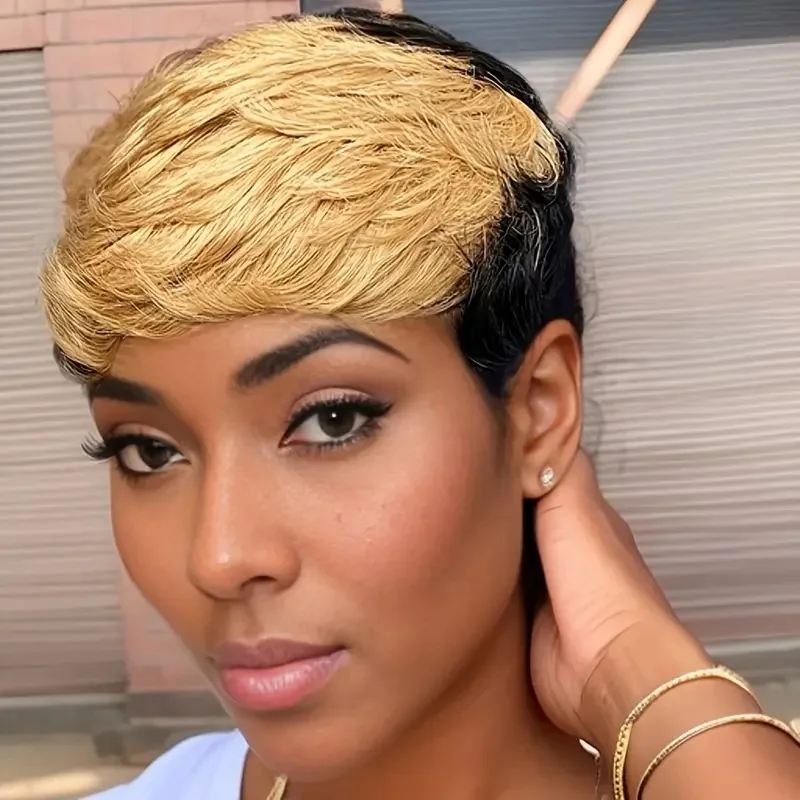 

Элегантный шикарный черный парик Remy со светлой стрижкой пикси из натуральных волос, короткий двухцветный парик машинного производства