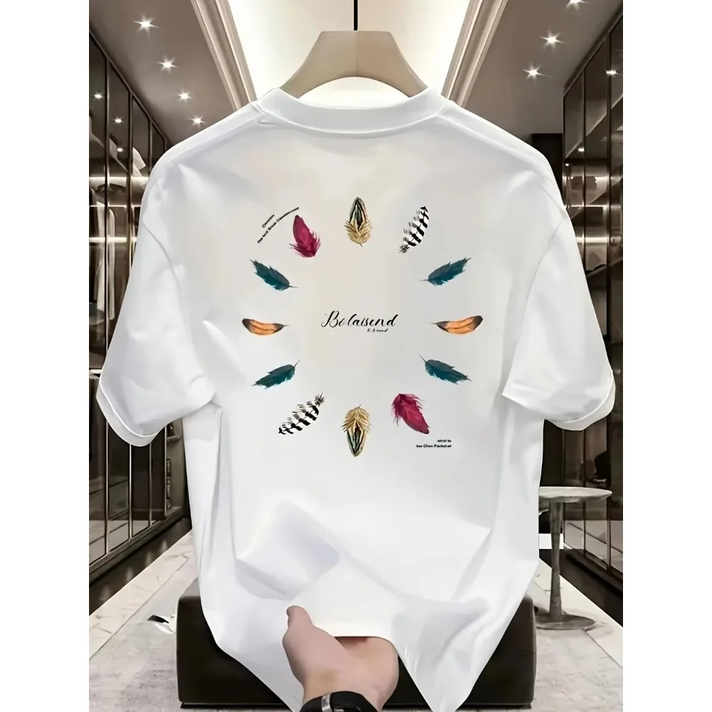 Bohemian Style _feather Wheel_ Print Men's T-shirt 100_ Pure Cotton Breathable Fashionable Street Oversized T Shirt