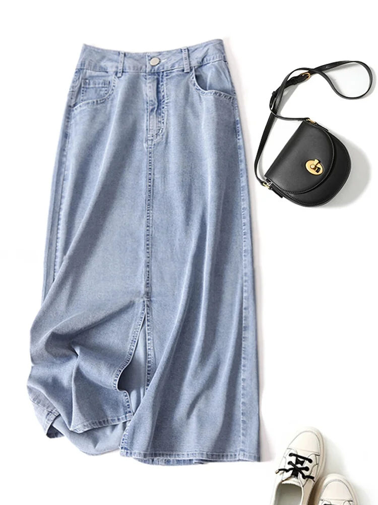 

plus Size Blue Denim High Waist Thin Summer Long Skirt Women's Faion A-Line Midi Skirt Comfortable Loose Fit Casual Wear